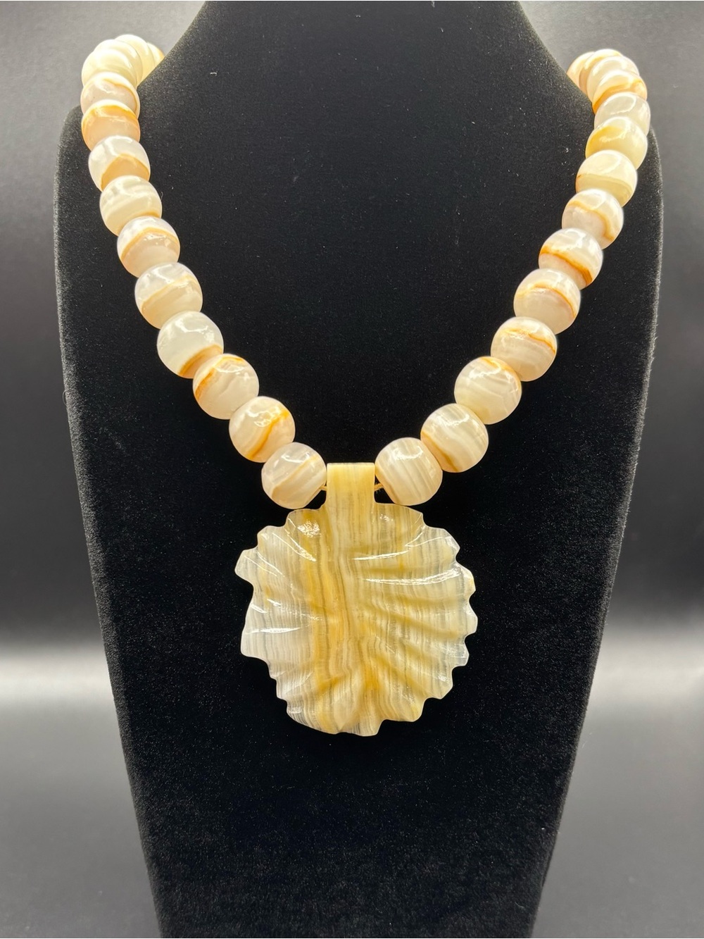 Vintage HEAVY Hand-Carved Yellow Banded Agate Bead Necklace with Pendant